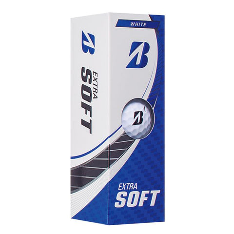 A white and blue rectangular box of Bridgestone Extra Soft Golf Balls displays the Bridgestone logo, EXTRA SOFT and WHITE, a golf ball image, and highlights straight distance with soft performance. Brand: Bridgestone.