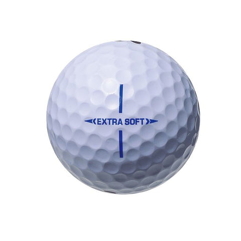 A white Bridgestone Extra Soft Golf Ball features a dimpled surface, blue alignment line, and EXTRA SOFT printed in blue at the center for straight distance and enhanced feel.