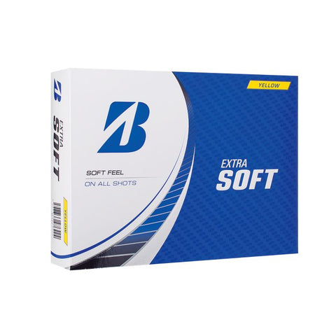 The Bridgestone Extra Soft Golf Balls box features bold branding and labels including “Soft Feel on All Shots” and “Extra Soft,” plus a yellow corner box reading “Yellow.” Designed for straight distance with soft golf balls.