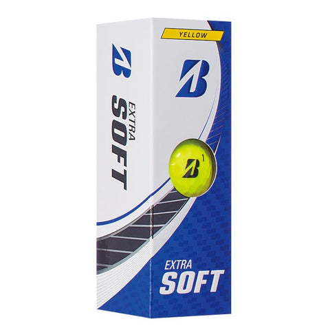 A white and blue Bridgestone box displays a yellow Bridgestone Extra Soft Golf Ball through a clear window, with bold “EXTRA SOFT” and “YELLOW” text—ideal soft golf balls engineered for straight distance on every shot.