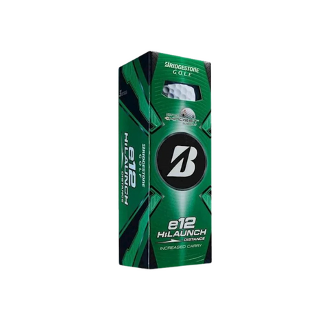 A green and black box of Bridgestone e12 Hi-Launch Golf Balls, branded by Bridgestone, promotes high launch, increased carry, distance, and straighter shots for golfers seeking enhanced performance.
