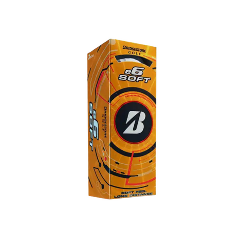 A rectangular orange box of Bridgestone e6 Soft Golf Balls displays bold graphics and the Bridgestone logo, highlighting soft feel, low driver spin, and long-distance performance.