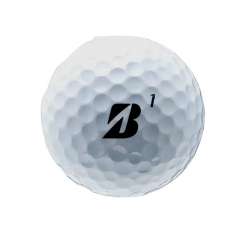 A Bridgestone e6 Soft Golf Ball features a dimpled white surface, large black B logo, and number 1. Renowned for soft compression and low driver spin, the ball from Bridgestone is shown against a plain white background.