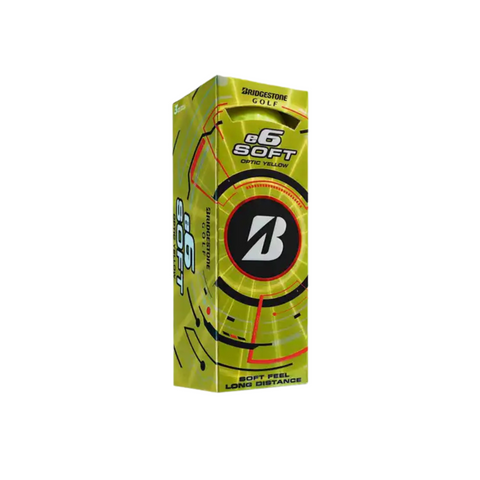 A box of Bridgestone e6 Soft Golf Balls in optic yellow, featuring the Bridgestone logo, offers soft compression for a soft feel and long distance.