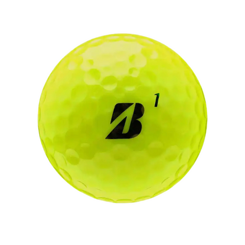 A yellow Bridgestone e6 Soft Golf Ball, featuring a black B logo and the number 1, is displayed against a white background. Known for its soft compression and excellent distance.