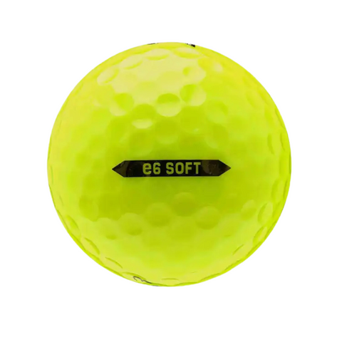 A yellow Bridgestone e6 Soft Golf Ball featuring dimples and e6 SOFT printed in black and yellow at the center, displayed on a white background—ideal for golfers looking for soft compression golf balls.