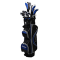 The Brosnan Eureka Series 8 Package Set by Brosnan is a black and blue golf bag with forgiving clubs, head covers, and multiple zippered pockets, displayed against a white background.