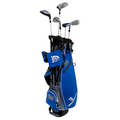 The Brosnan Little Mate S7 Junior Golf Package Set (Blue, Tall, Left-Handed) includes several junior clubs with headcovers in a blue and black bag featuring zippered pockets and a carry handle. Brand: Brosnan.