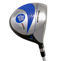 Close-up of the Brosnan Little Mate S7 Junior Golf Package Set (Tall, Blue, Left-Handed) by Brosnan—features a metallic silver head with blue and black accents and a white shaft, perfect for left-handed junior golfers against a white background.