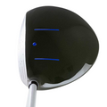 A close-up of the Brosnan Little Mate S7 Junior Golf Package Set driver head (Blue, Tall, Left-Handed) by Brosnan, highlighting its shiny black surface with blue alignment lines and a metallic shaft.