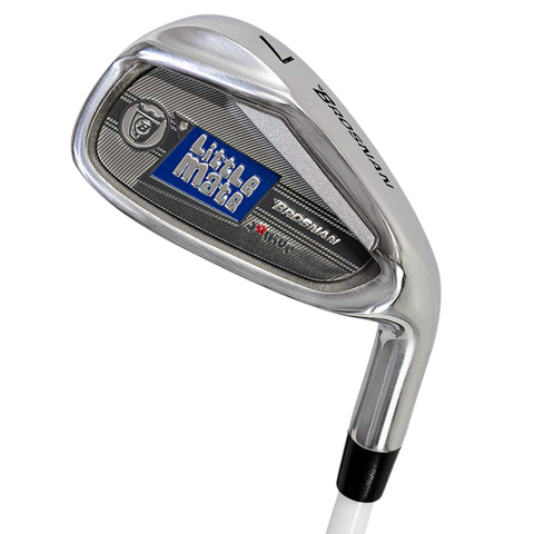 A close-up of the Brosnan Little Mate S7 Junior Golf Package Set | Blue (Tall) | Left-Handed shows the club’s branded face, hosel, and shaft—designed by Brosnan for left-handed junior golfers.