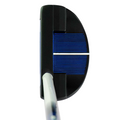 A close-up top view of the black Brosnan Little Mate S7 Junior Golf Package Set (Blue, Tall, Left-Handed) putter head with blue grooves and a white alignment line, attached to a silver shaft—perfect for junior golfers.