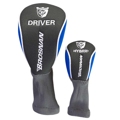 Two black DRIVER and HYBRID headcovers with blue and white accents, featuring Brosnan Little Mate S7 branding, shown upright on a white background—perfect for left-handed juniors using the Brosnan Little Mate S7 Junior Golf Package Set (Blue, Tall).