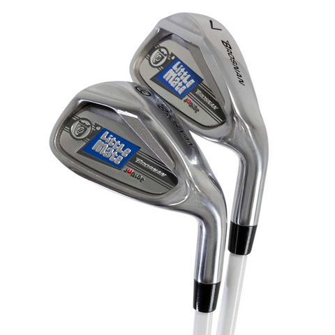 Two Brosnan Little Mate S7 Junior Golf Irons in blue, from the Tall package set, are displayed against a white background—ideal additions to any junior golf or kids club collection.