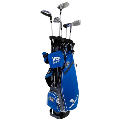 The Brosnan Little Mate S7 Junior Golf Package Set (Blue, Tall) features a blue and black bag with multiple zippered pockets, holding four junior clubs with silver heads and black grips, standing upright against a white background.