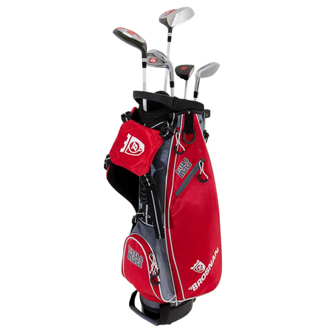 The Brosnan Little Mate S7 Junior Golf Package Set in red features a red and black golf bag with multiple compartments, several junior golf clubs, and displays the Brosnan brand name against a white background.