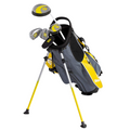 The Brosnan Little Mate S7 Junior Golf Package Set (Yellow, Medium) features a stand bag with yellow and gray accents and includes kids’ golf clubs with matching yellow and black covers.