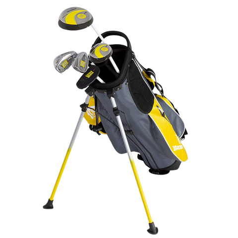 The Brosnan Little Mate S7 Junior Golf Package Set (Yellow, Medium) features a stand bag with yellow and gray accents and includes kids’ golf clubs with matching yellow and black covers.