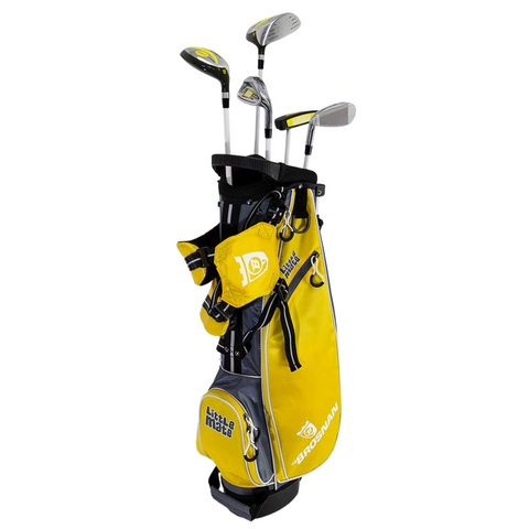 The Brosnan Little Mate S7 Junior Golf Package Set (Yellow, Medium) includes a yellow and black bag with multiple compartments, several kids clubs with silver heads and black grips, and features Brosnan branding.