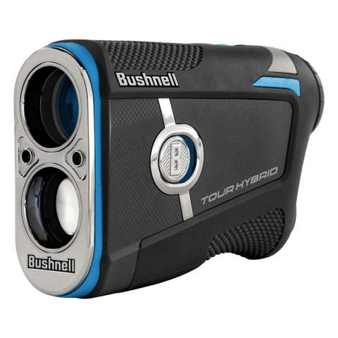 A black and silver Bushnell 2025 Tour Hybrid Rangefinder with blue accents, textured grip, and dual lenses combines GPS and laser rangefinder technology, shown from an angled front view.