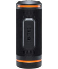 The Bushnell Wingman Portable Speaker by Bushnell is a black, cylindrical Bluetooth speaker with orange accents, a textured surface, and a front panel labeled BITE—ideal for enjoying music on the go.
