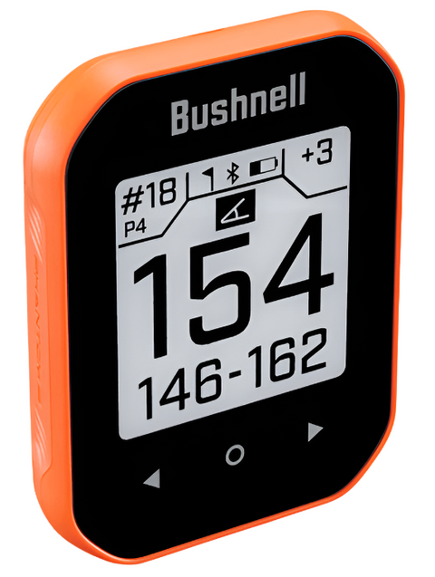 Bushnell Phantom 3 Slope GPS in bright orange colour showing front, centre and back distances showing