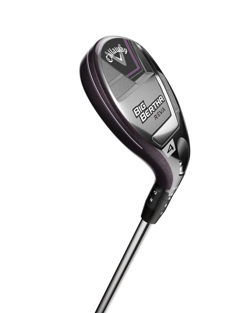 The Callaway 2023 Women's Big Bertha Reva Hybrid golf club, featuring a black, silver, and purple clubhead with prominent branding, is shown angled against a white background to highlight its easy launch design.