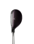 The Callaway 2023 Women's Big Bertha Reva Hybrid, in black with a metallic finish, displays white grooves and a chevron logo on the club face for easy launch, shown against a plain white background.