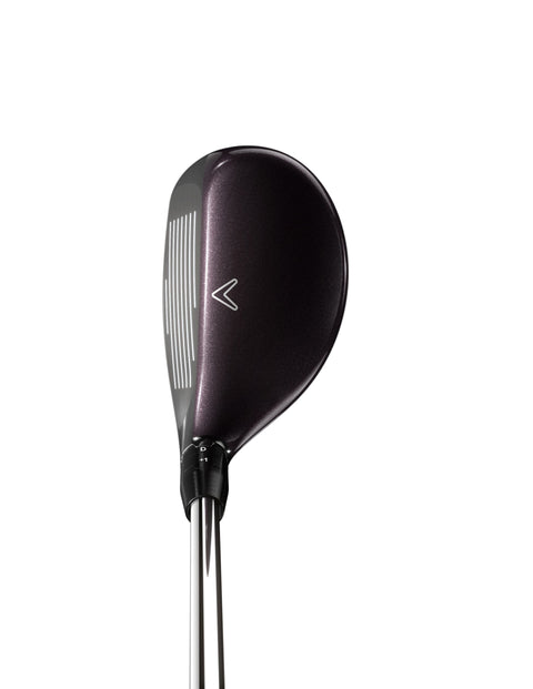 The Callaway 2023 Women's Big Bertha Reva Hybrid, in black with a metallic finish, displays white grooves and a chevron logo on the club face for easy launch, shown against a plain white background.