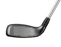 A close-up of the Callaway 2023 Women's Big Bertha Reva Hybrid golf club head highlights its grooved face and part of the shaft, designed for easy launch, against a white background.