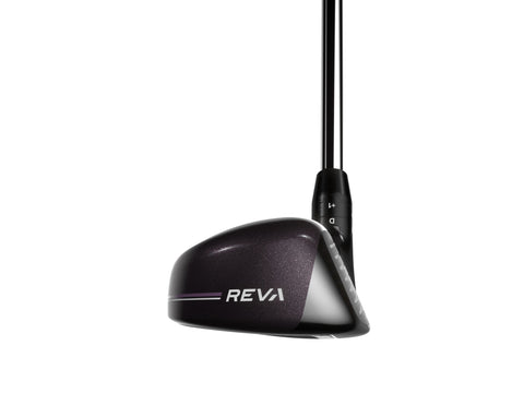 A close-up of a Callaway 2023 Women's Big Bertha Reva Hybrid golf club head with "REVA" in white on the side, attached to a black shaft, designed for women seeking easy launch, shown against a plain white background.