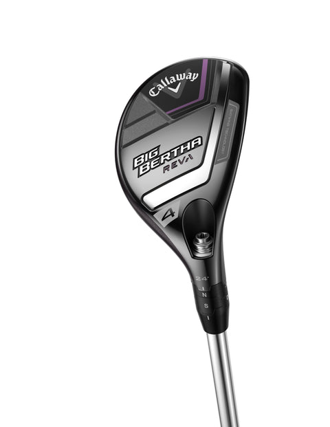 The Callaway 2023 Women's Big Bertha Reva Hybrid, a women's golf hybrid by Callaway, features a sleek black and silver head with white and purple accents and branding, shown against a white background.