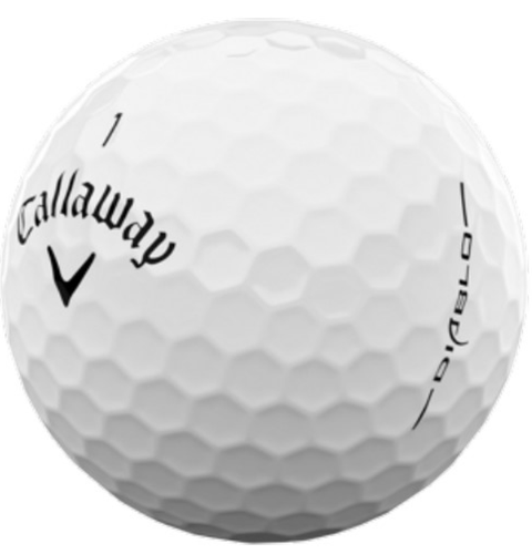 A white Callaway 2023 Hex Diablo Golf Ball with a dimpled surface, black Callaway logo, DIABLO text, and number 1, features HEX Aerodynamics for impressive distance and performance.
