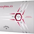 The Callaway 2023 Hex Diablo Golf Balls come in a white box with red and gray geometric designs, the Callaway logo, and bold phrases like “POWERFUL PERFORMANCE.” Engineered with HEX Aerodynamics for superior distance.