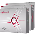 Three boxes of Callaway 2023 Hex Diablo Golf Balls | Three Dozen are stacked at an angle. The silver packaging with red and black accents features the Callaway logo and highlights a high energy core for powerful performance.