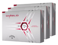 Three boxes of Callaway 2023 Hex Diablo Golf Balls | Three Dozen are stacked at an angle. The silver packaging with red and black accents features the Callaway logo and highlights a high energy core for powerful performance.
