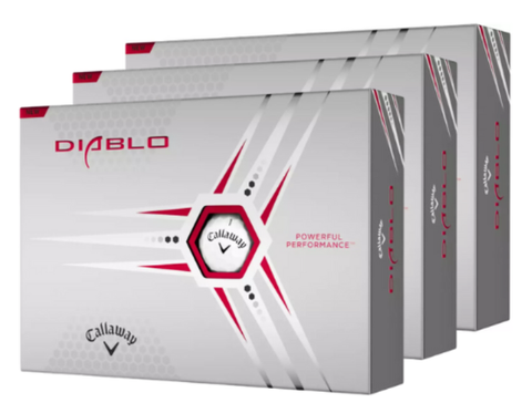 Three boxes of Callaway 2023 Hex Diablo Golf Balls | Three Dozen are stacked at an angle. The silver packaging with red and black accents features the Callaway logo and highlights a high energy core for powerful performance.