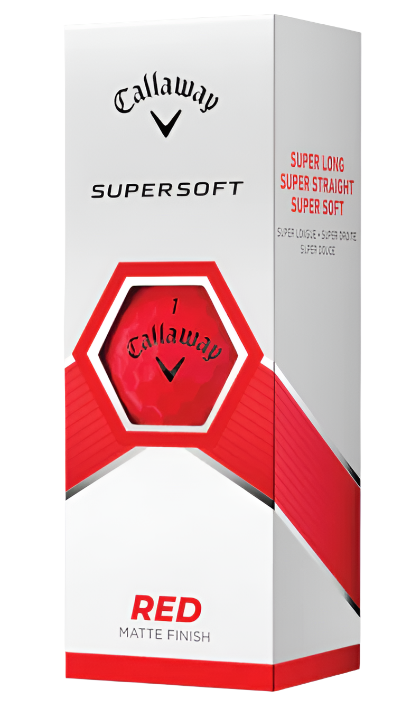 A sleeve of Callaway 2023 Supersoft Matte Golf Balls in red features a matte finish, white and red packaging with a hexagonal window, and highlights Super Long, Super Straight, Super Soft performance with HEX aerodynamics.