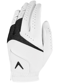 The Callaway 2023 Weather Spann Womens Golf Glove (Left Hand, White) by Callaway features durable synthetic leather, black mesh details, ventilation holes, and a black chevron logo. The glove is shown palm down on a white background.