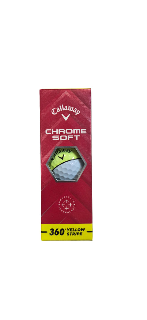 A Callaway 2024 Chrome Soft 360° Golf Balls | Yellow Stripe box in red and yellow features a hexagonal window showcasing a white ball with a yellow alignment stripe, plus 360° Yellow Stripe text at the bottom.