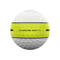 A Callaway 2024 Chrome Soft 360° Golf Ball | Yellow Stripe, featuring a white ball with a bright yellow alignment stripe around the middle, labeled CHROME SOFT in black with small black arrow symbols on each side.