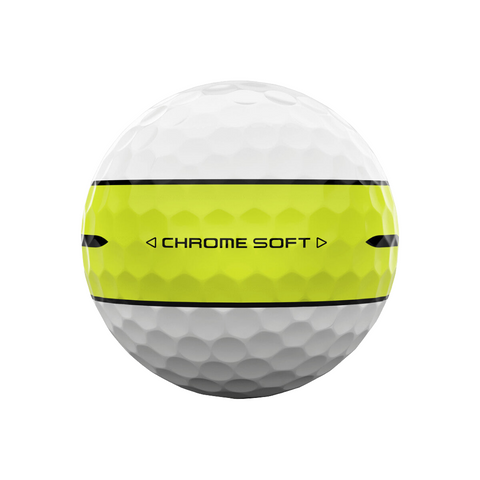 A Callaway 2024 Chrome Soft 360° Golf Ball | Yellow Stripe, featuring a white ball with a bright yellow alignment stripe around the middle, labeled CHROME SOFT in black with small black arrow symbols on each side.