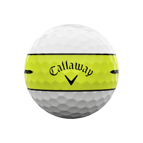 The Callaway 2024 Chrome Soft 360° Golf Ball | Yellow Stripe features a bold yellow alignment stripe with black lines and logo for high visibility and improved alignment on the course.