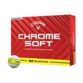 A red Callaway box labeled Chrome Soft 360° Golf Balls | Yellow Stripe displays bold white text and a yellow stripe, featuring a soft golf ball with the Yellow Alignment Stripe in front. The packaging promotes “360° Yellow Stripe” and “Outstanding Tour Performance.”.