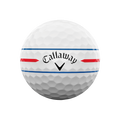The Callaway 2024 Chrome Soft 360° Triple Track Golf Ball is white with red and blue 360° alignment lines around the middle and a black Callaway logo on the front.
