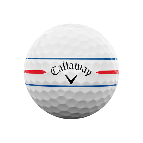 The Callaway 2024 Chrome Soft 360° Triple Track Golf Ball is white with red and blue 360° alignment lines around the middle and a black Callaway logo on the front.