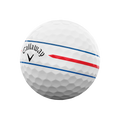 A white Callaway 2024 Chrome Soft 360° Triple Track golf ball with blue and red alignment lines and the Callaway logo in black is displayed on a white background.