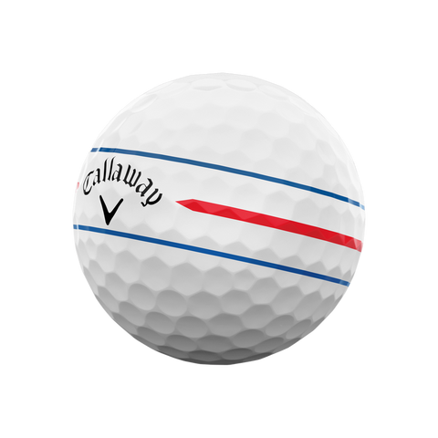 A white Callaway 2024 Chrome Soft 360° Triple Track golf ball with blue and red alignment lines and the Callaway logo in black is displayed on a white background.