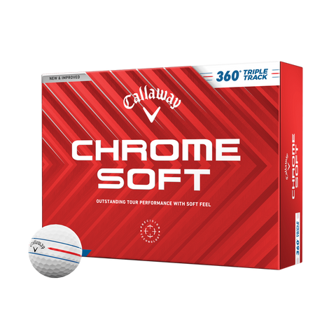 A red box of Callaway 2024 Chrome Soft 360° Triple Track Golf Balls displays the white branding, with one ball in front showing the Callaway logo and innovative alignment lines for enhanced putting accuracy.