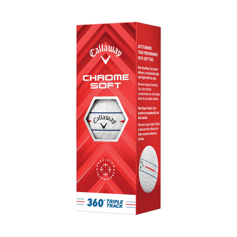 Red and white Callaway 2024 Chrome Soft 360° Triple Track Golf Balls box shows balls through a hexagonal window, featuring alignment technology text and 360° Triple Track branding at the bottom.